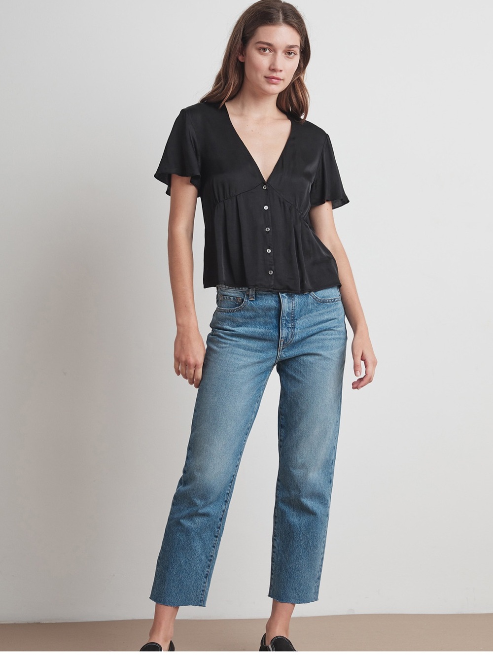 Maisie Button Up Flare Short Sleeve Silk Blouse - Velvet by Graham and Spencer - Picture 3 of 9